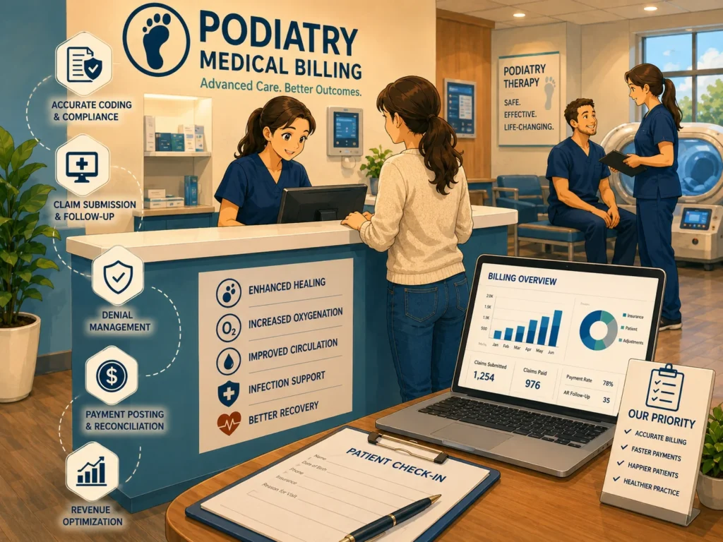 Podiatry Medical Billing Services illustration showing patient registration, claim management, coding compliance, and revenue cycle management for podiatry practices