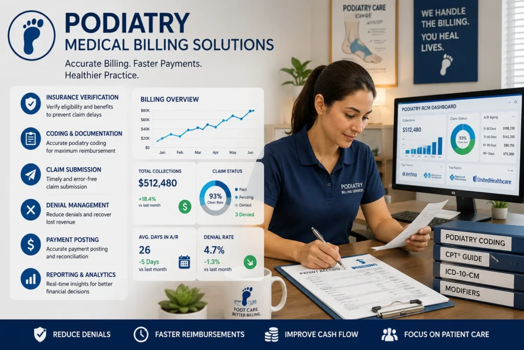 Podiatry Medical Billing Services dashboard showing coding, claim management, payment posting, and revenue cycle management solutions