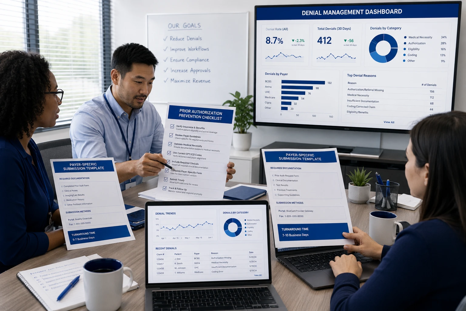 Medical billing team reviewing a prior authorization denial prevention checklist and payer-specific submission templates together, implementing proactive denial prevention strategies to reduce AI-driven prior authorization denials in 2026.