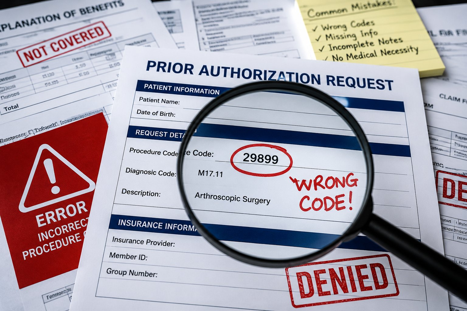 prior auth denial orthopedic caused by wrong procedure code on authorization form