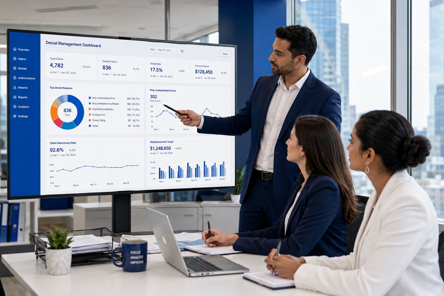 Medical billing team analyzing dermatology claim denial patterns and prior authorization errors on a revenue cycle dashboard 