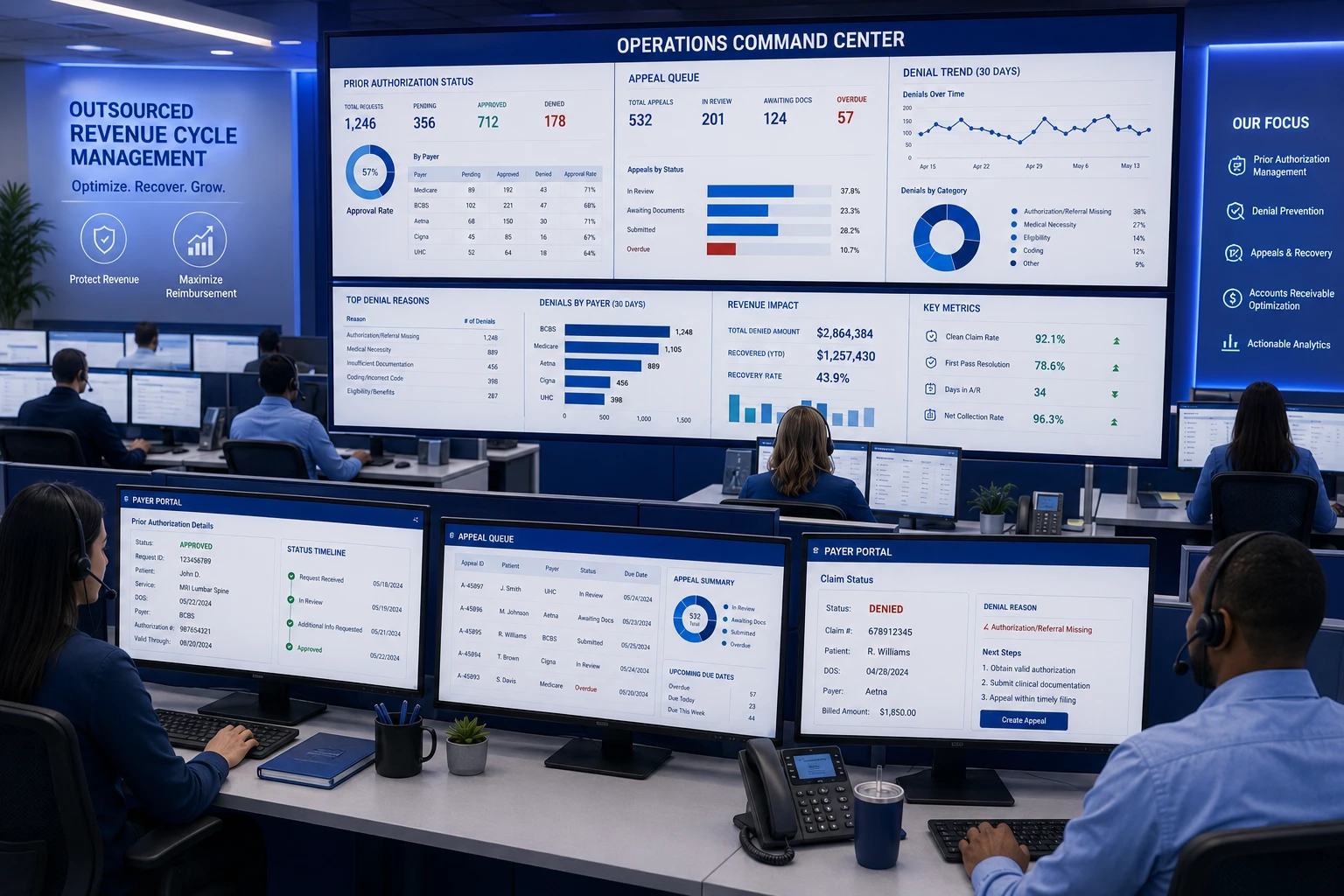  Outsourced prior authorization and denial management team monitoring payer portals, appeal deadlines, and AI-driven denial trend dashboards in real time to protect medical practice revenue in 2026.