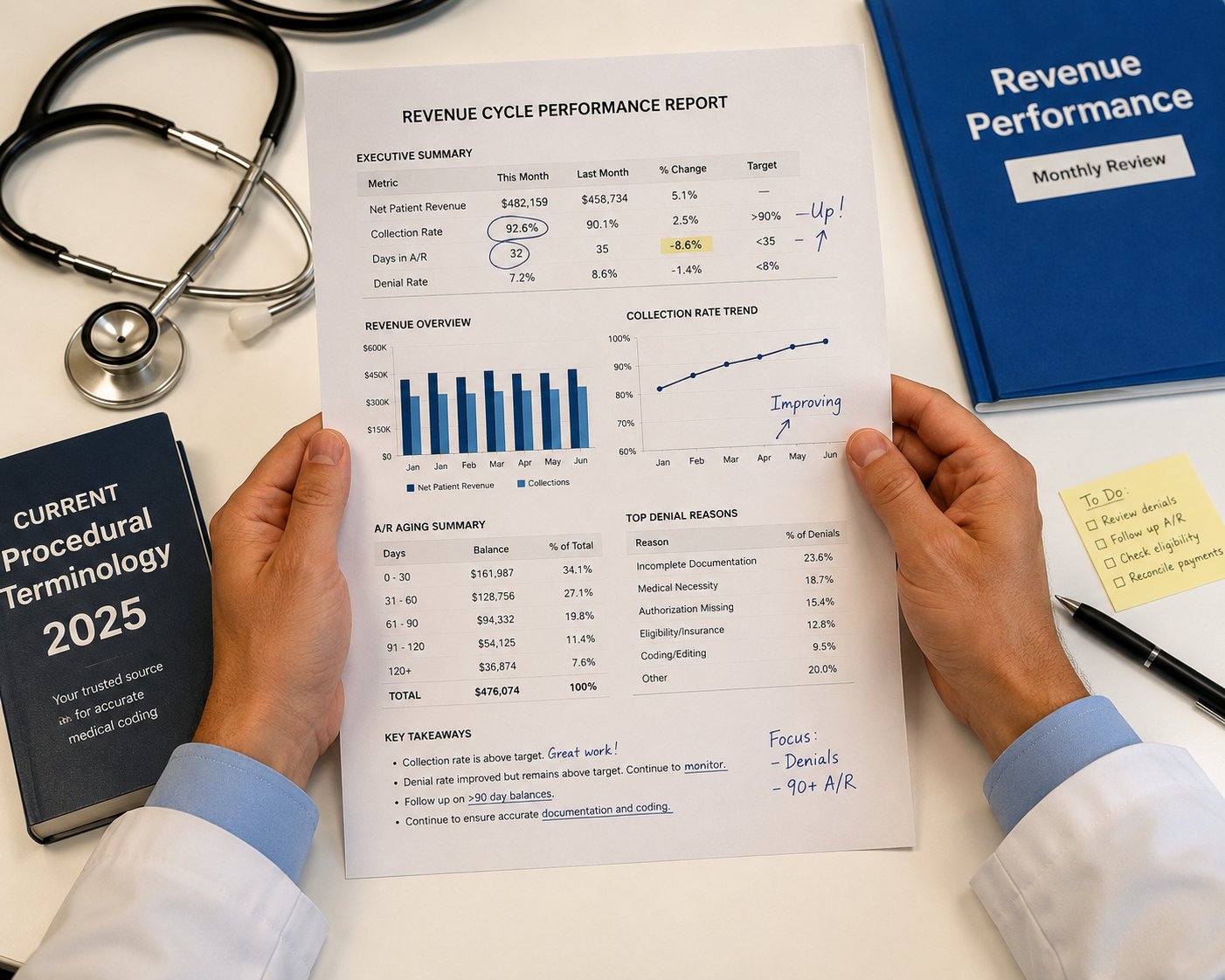 internal medicine practice revenue cycle report with stethoscope and medical billing documents on desk
