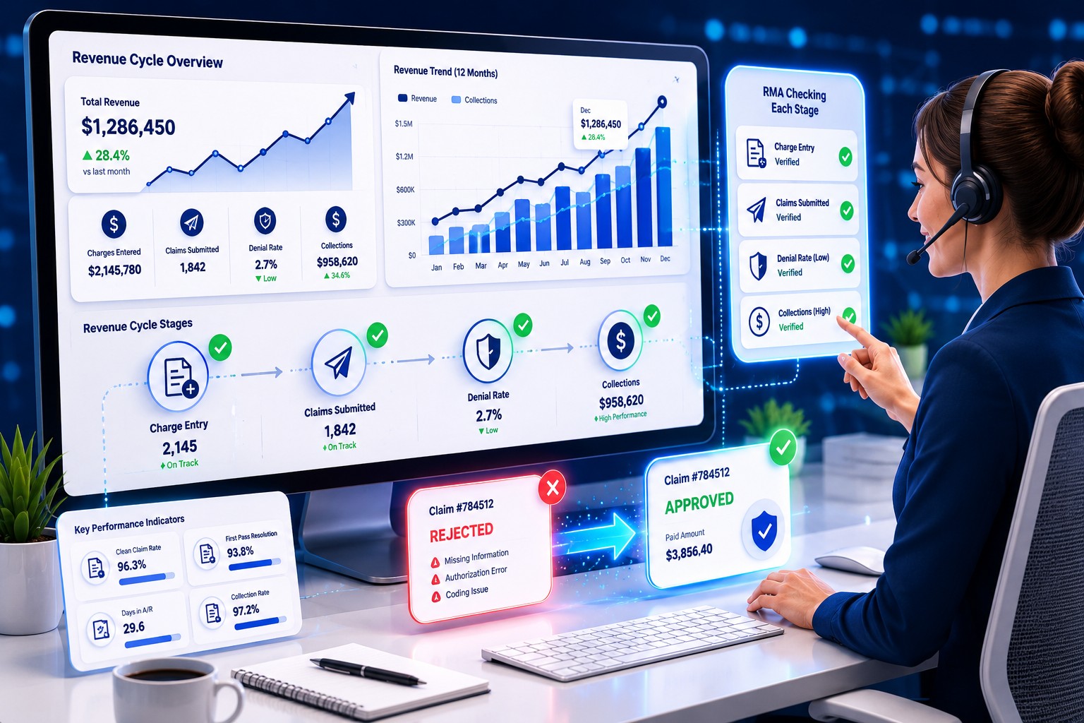 Medical billing support and revenue cycle management handled by a remote medical assistant for improved practice collections