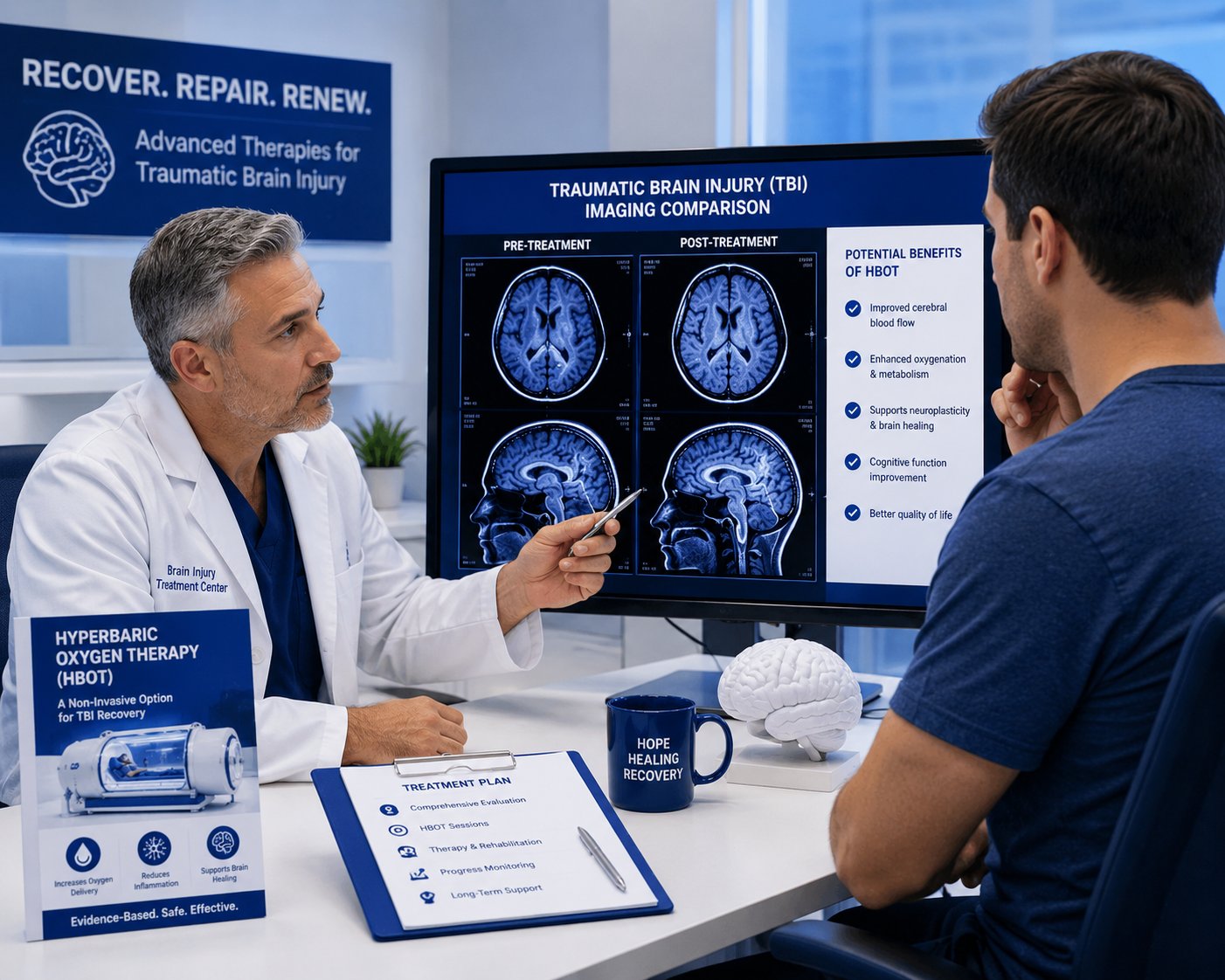 Doctor consulting TBI patient about hyperbaric oxygen therapy treatment options