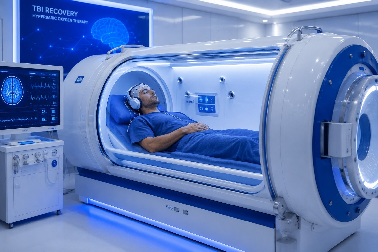 Patient receiving HBOT for traumatic brain injury inside hyperbaric oxygen chamber