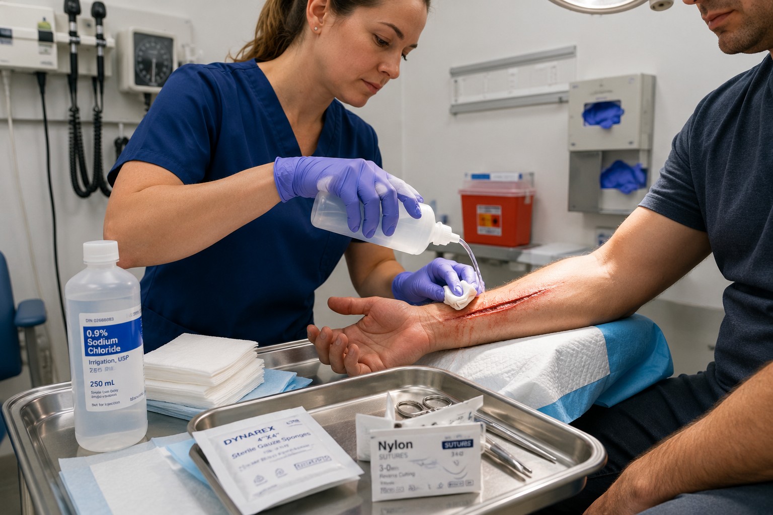 Urgent care nurse performing laceration repair, a common procedure billed using walk-in clinic billing codes alongside E&M visit charges