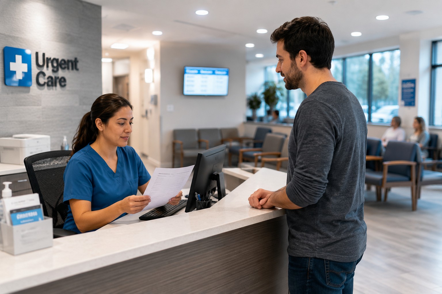 Front desk staff reviewing urgent care CPT codes during patient check-in at a modern walk-in clinic