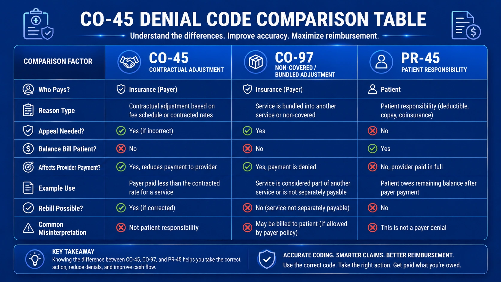 CO-45 denial code comparison table