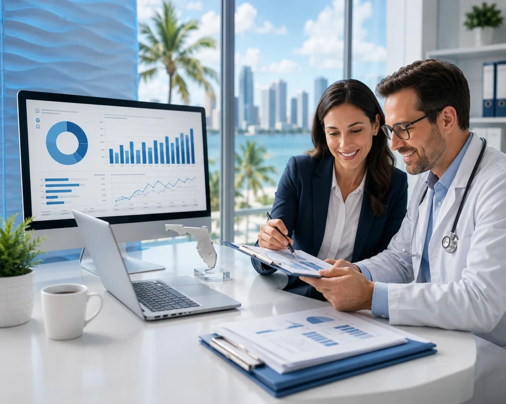 Comprehensive Revenue Cycle Management services in Florida with healthcare professionals reviewing billing analytics and financial reports.