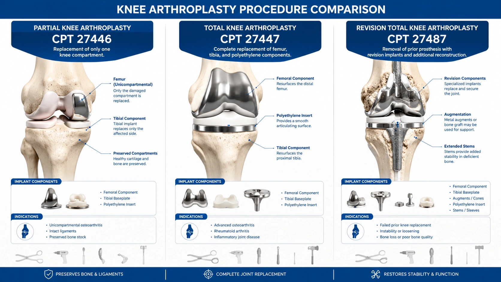 CPT 27447 vs 27446 vs 27487 knee arthroplasty code comparison