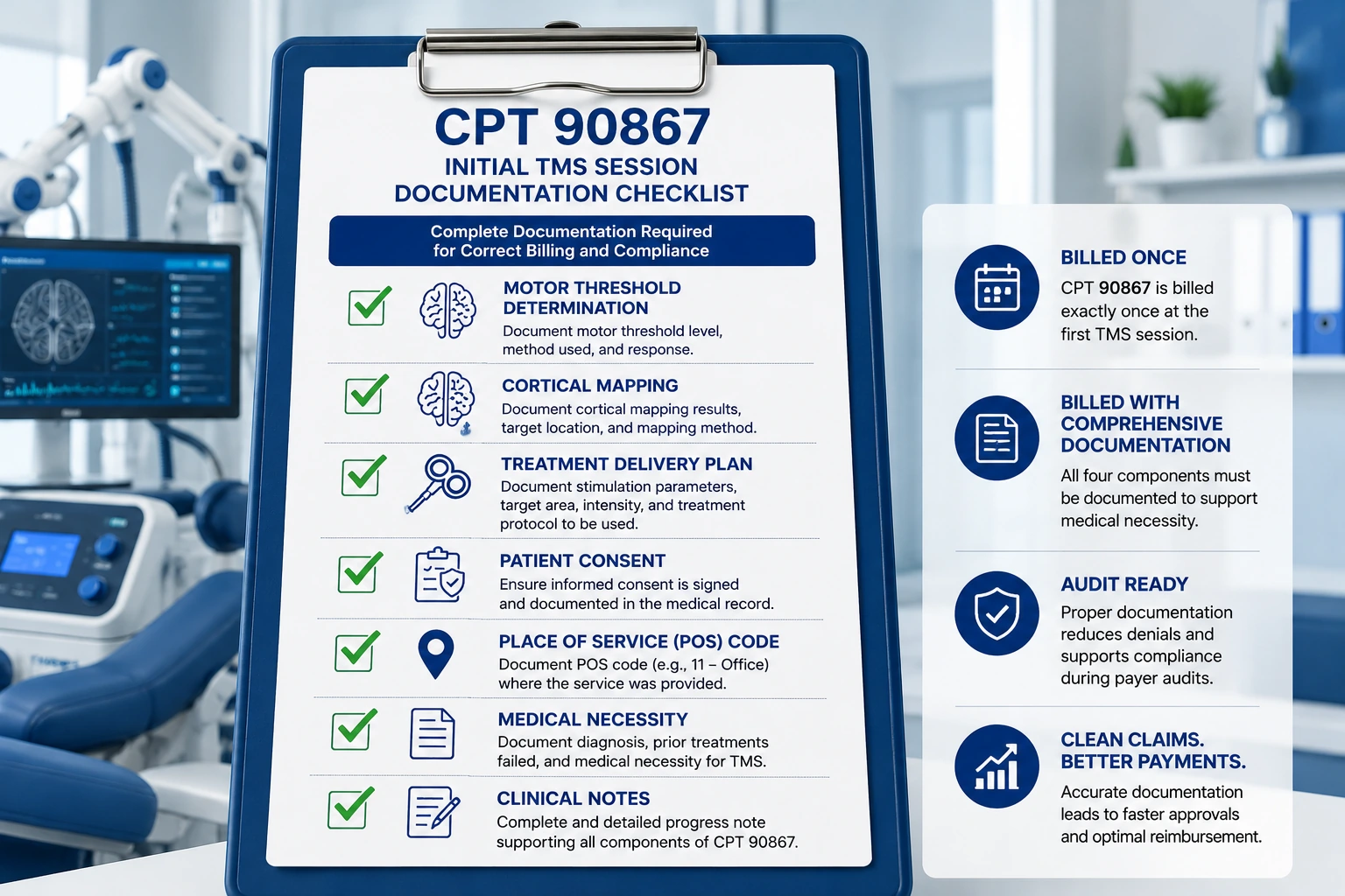CPT code 90867 documentation checklist TMS initial session