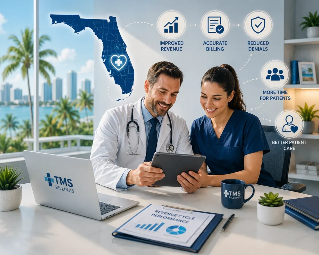 Florida healthcare professionals reviewing revenue cycle management strategies to improve medical billing performance and patient care.