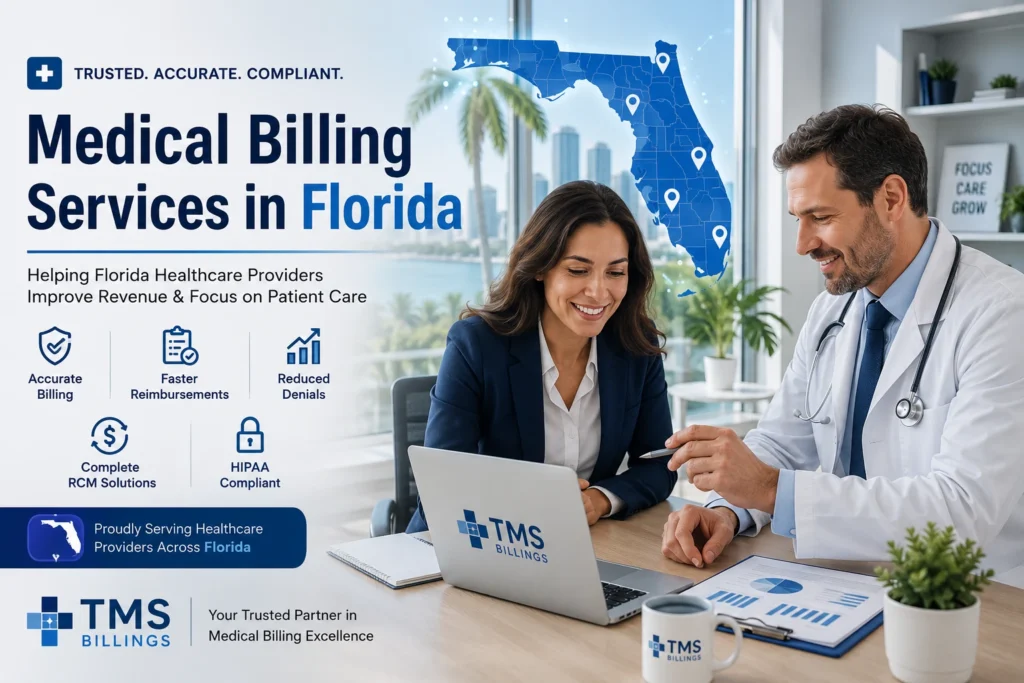 Medical Billing Services in Florida by TMS Billings featuring healthcare professionals, Florida map, and revenue cycle management solutions for medical practices.