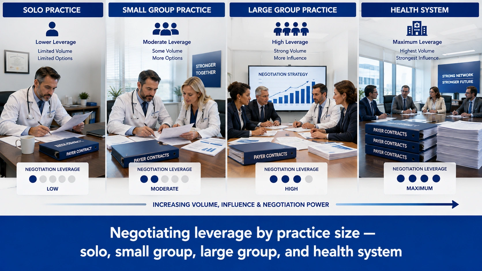 Negotiating leverage by practice size — solo, small group, large group, and health system
