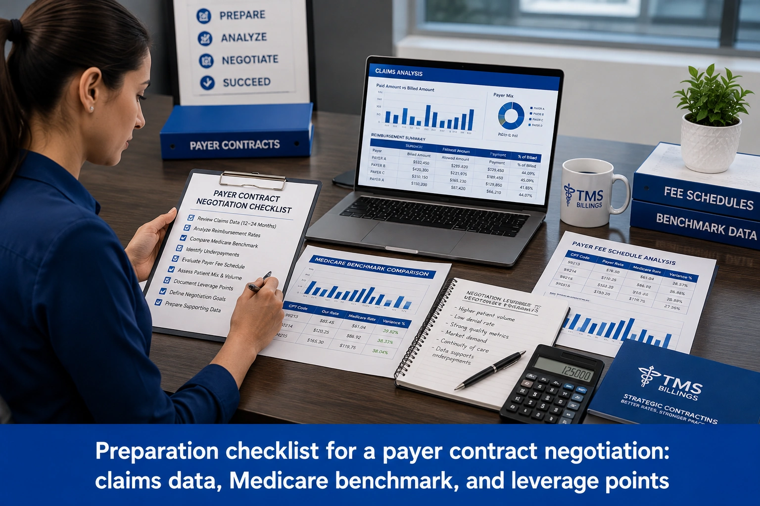 Preparation checklist for a payer contract negotiation: claims data, Medicare benchmark, and leverage point