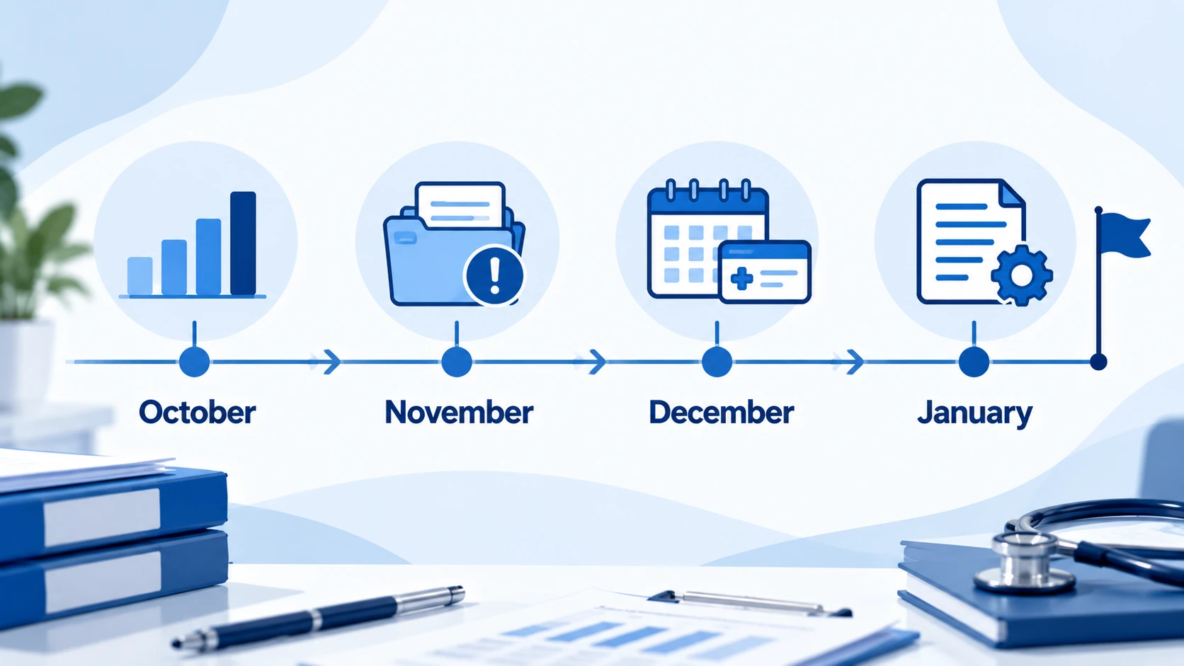 Year end billing timeline from October to January for a small practice