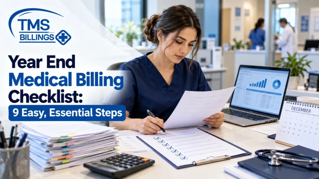 Year end medical billing checklist reviewed at a practice manager's desk