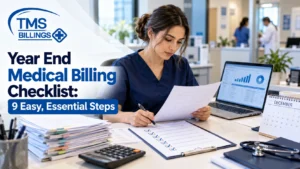 Year end medical billing checklist reviewed at a practice manager's desk